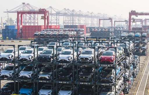 A batch of vehicles stacked in vertical shelves about to be exported at the Taicang International Container Terminal in east China's Jiangsu province